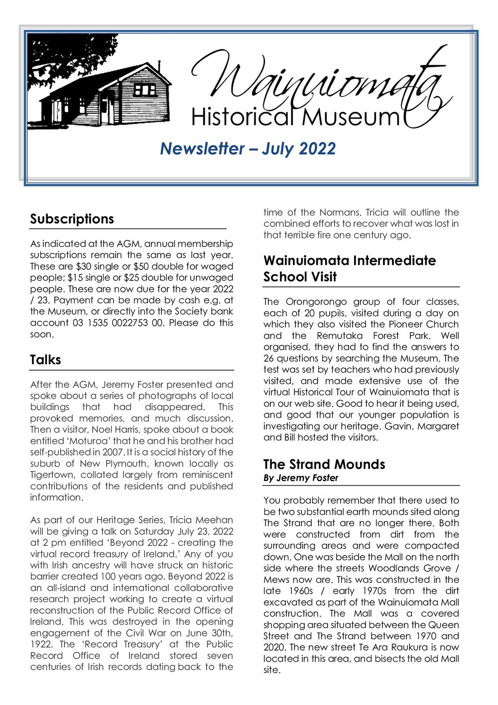 Newsletter (Wainuiomata Historical Museum) July 2022
