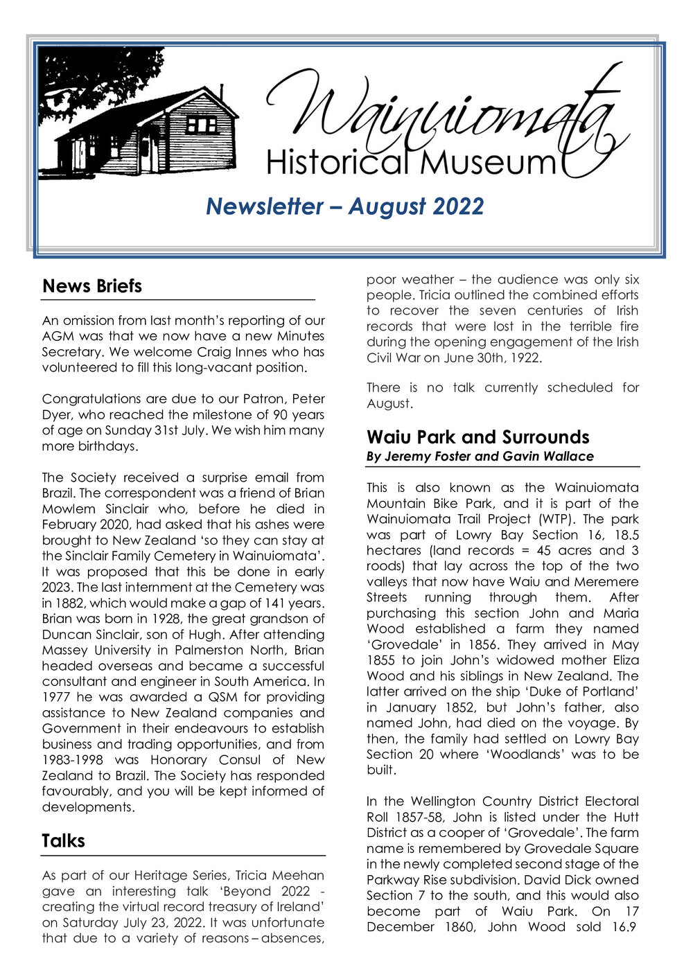 Newsletter (Wainuiomata Historical Museum) August 2022
