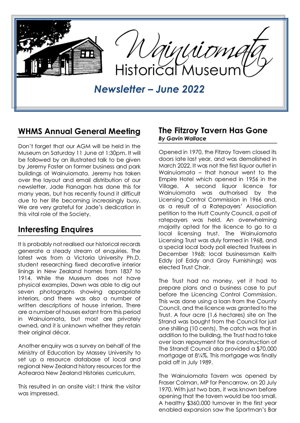 Newsletter (Wainuiomata Historical Museum) June 2022