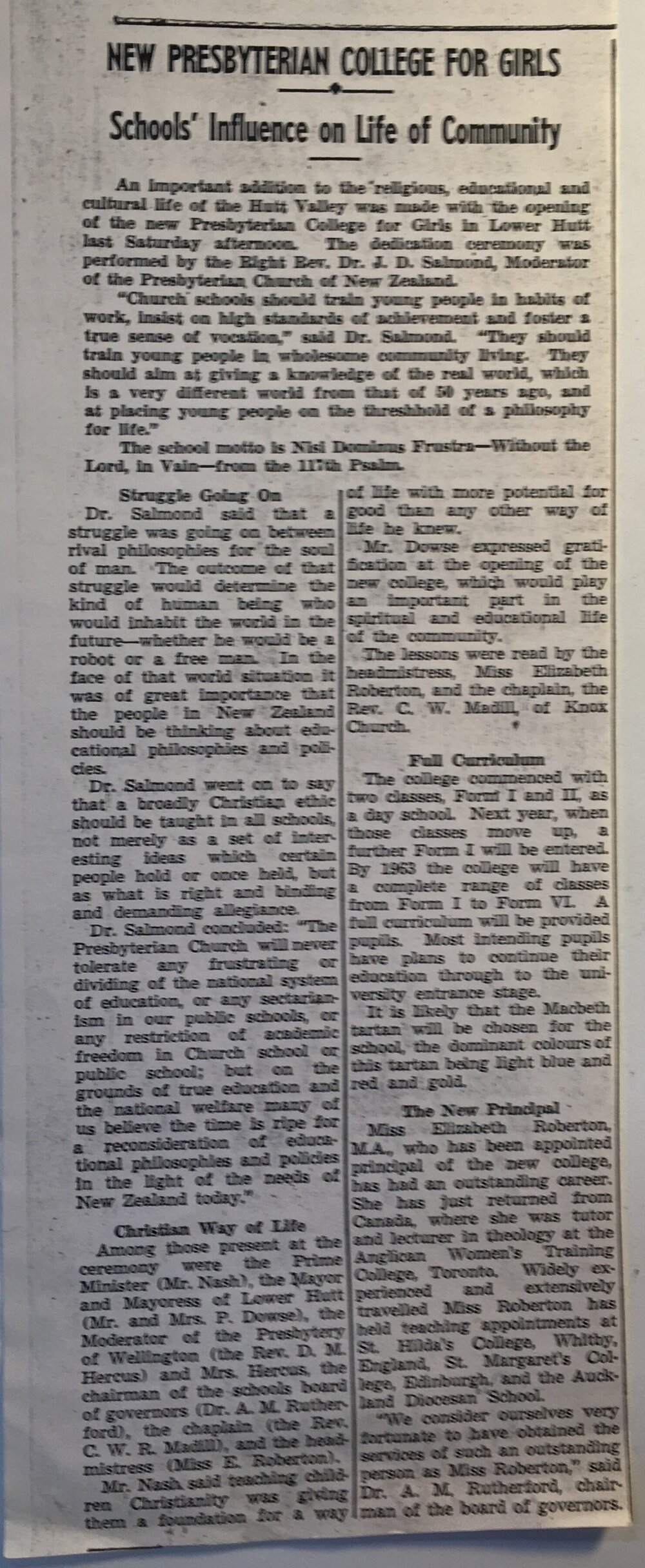 New Presbyterian College for girls