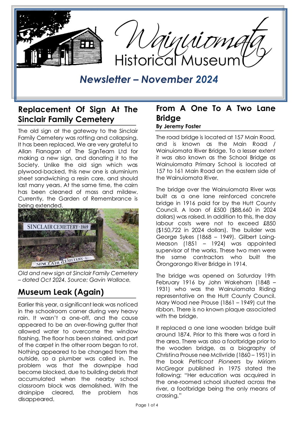 Newsletter (Wainuiomata Historical Museum) November 2024