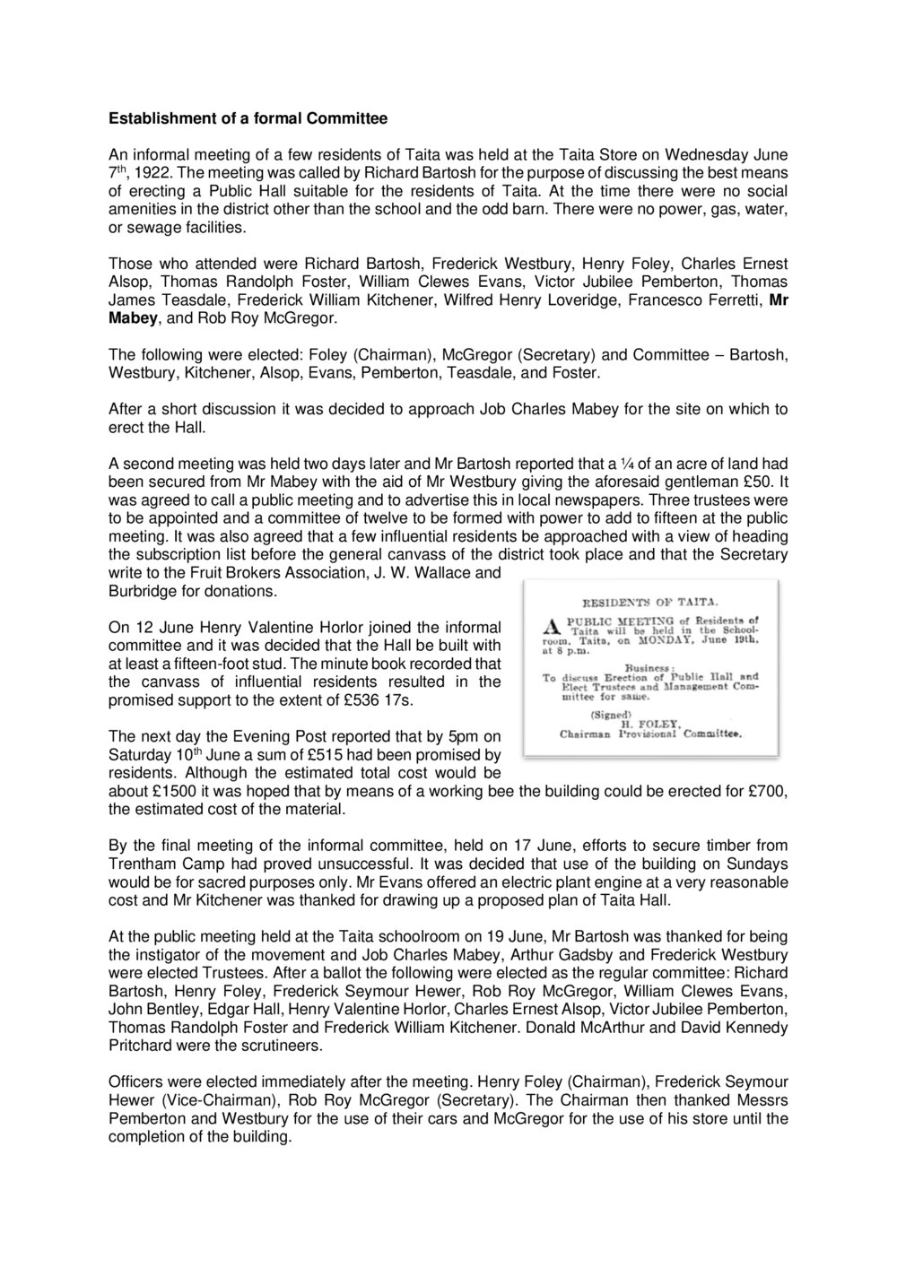 Establishment of a Formal Committee