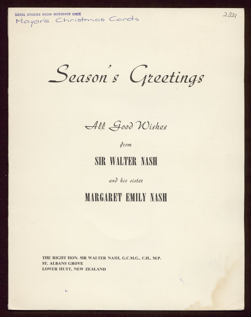 Christmas cards from Walter Nash