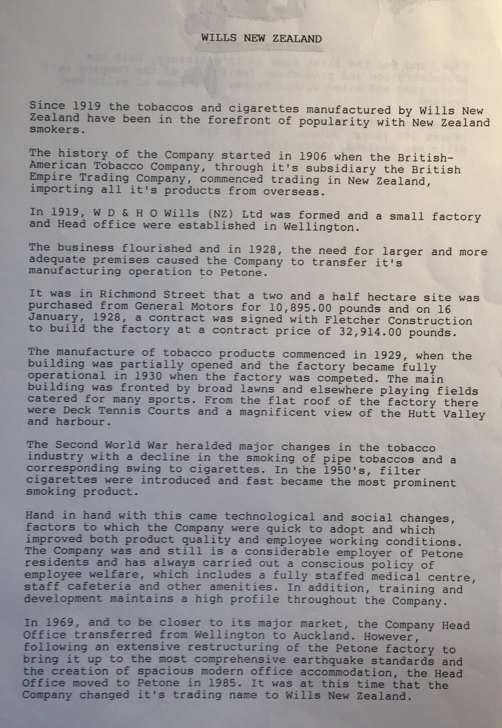 Information Sheet : WD &amp; HO Wills (NZ) Ltd