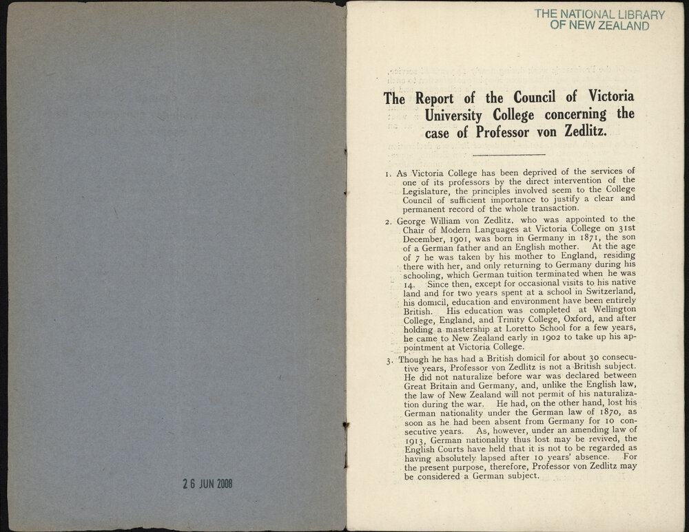 Report of the Victoria University College Council Concerning the Case of Professor von Zedlitz