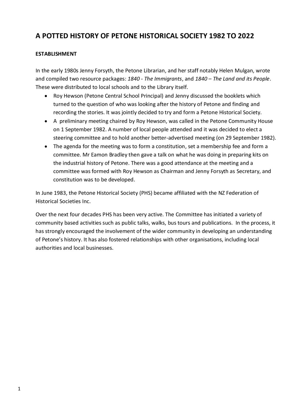 A potted history of Petone Historical Society, 1982 to 2022