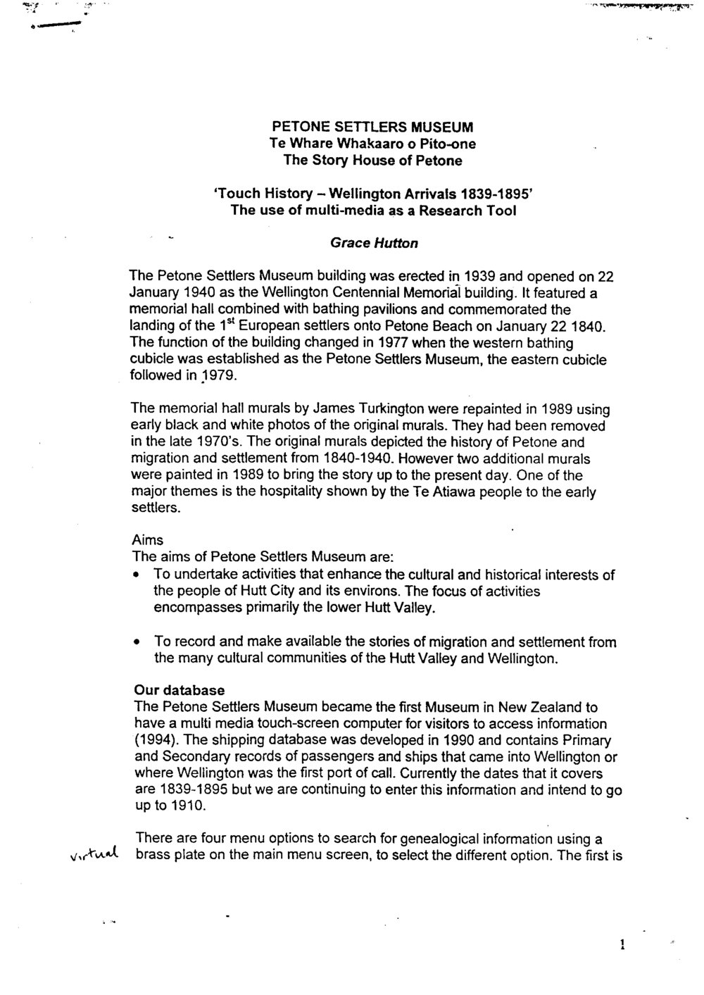 Touch history - Wellington arrivals 1839-1895