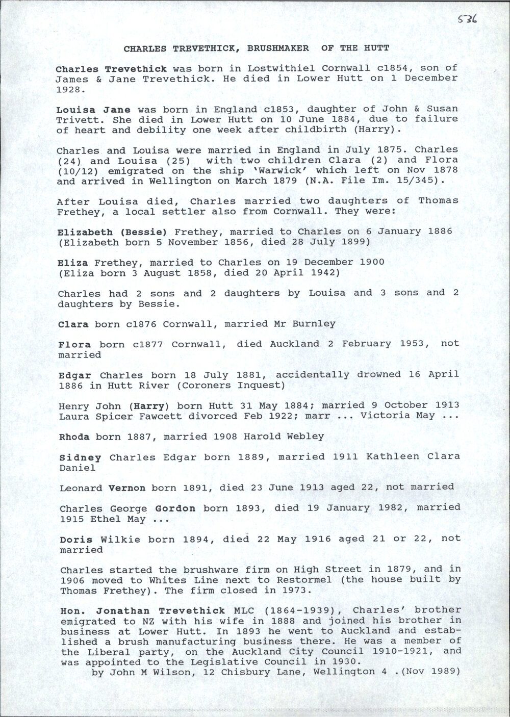 Charles Trevethick, Brushmaker of the Hutt