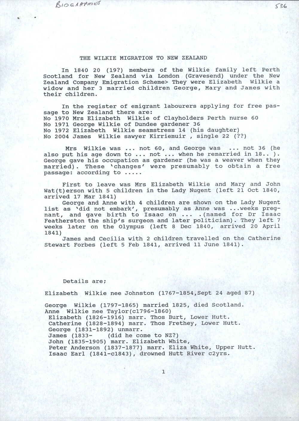 The Wilkie Migration to New Zealand