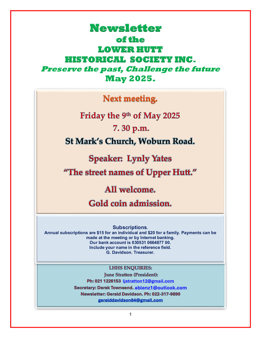 Newsletter of the Lower Hutt Historical Society (May 2025)