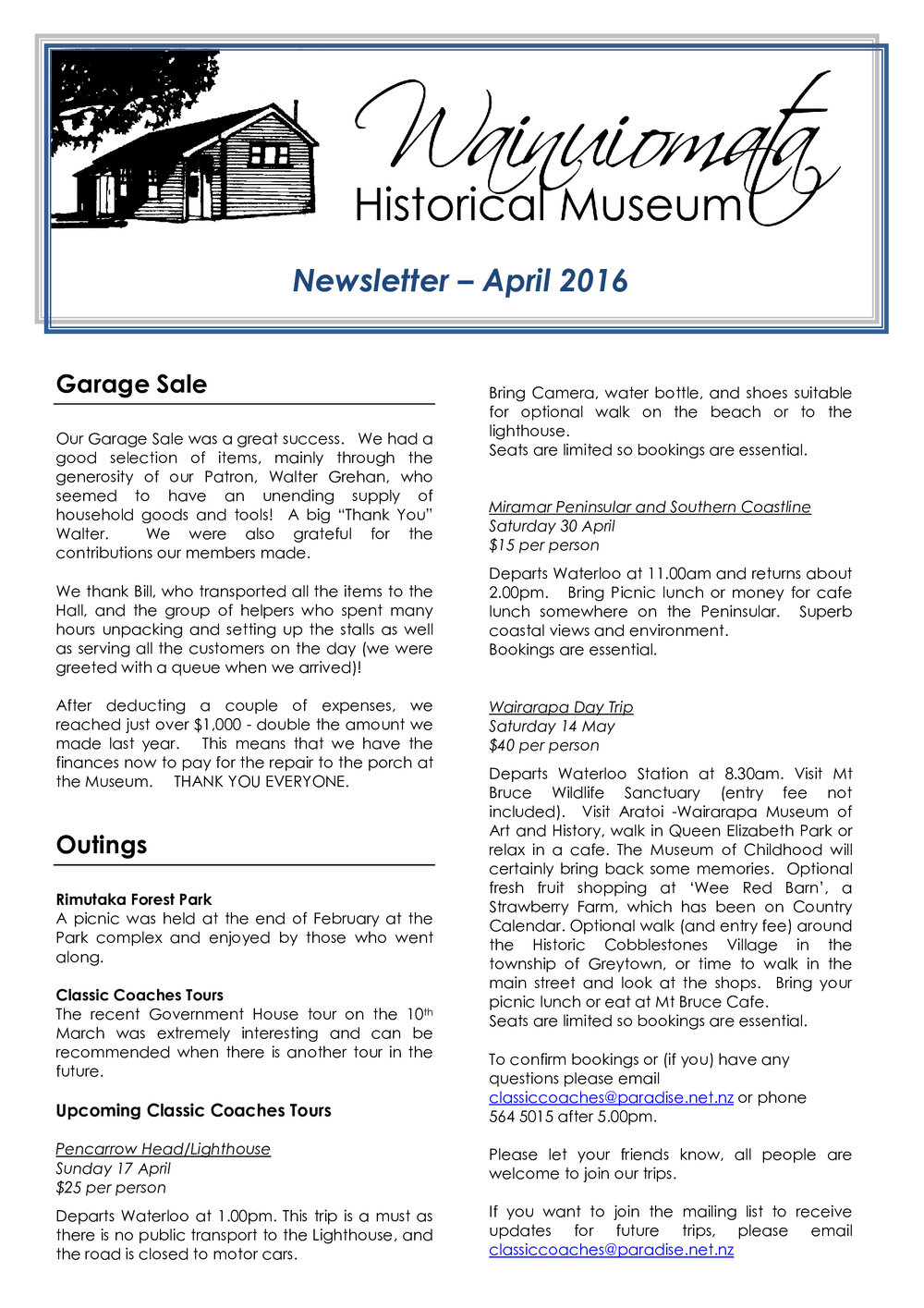 Newsletter (Wainuiomata Historical Museum) April 2016