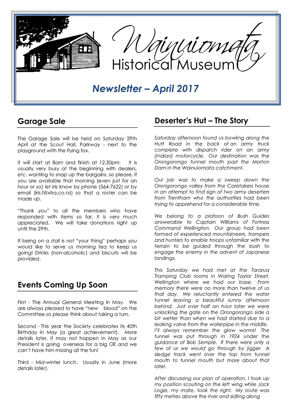 Newsletter (Wainuiomata Historical Museum) April 2017
