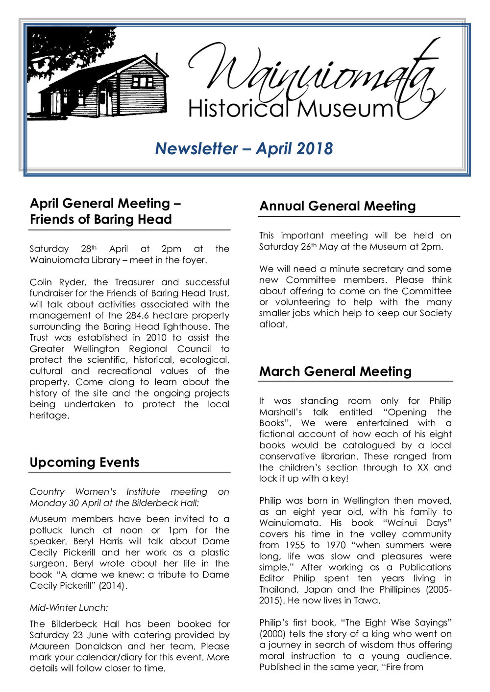 Newsletter (Wainuiomata Historical Museum) April 2018