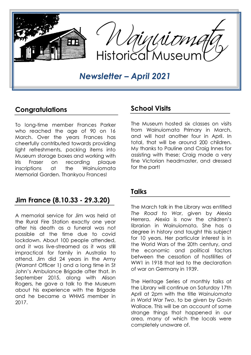Newsletter (Wainuiomata Historical Museum) April 2021