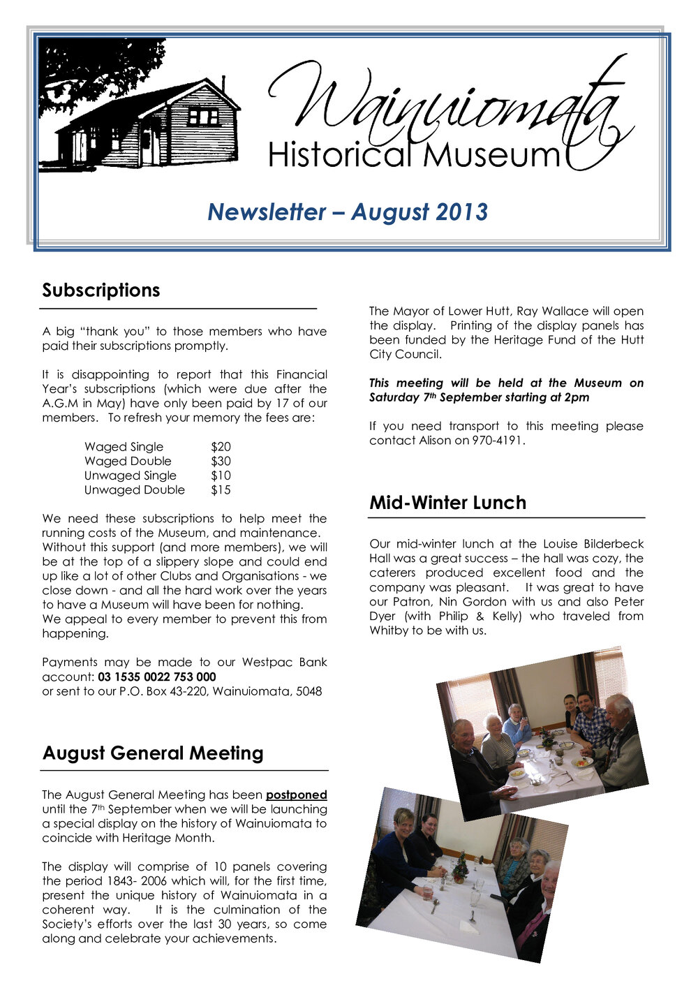 Newsletter (Wainuiomata Historical Museum) August 2013