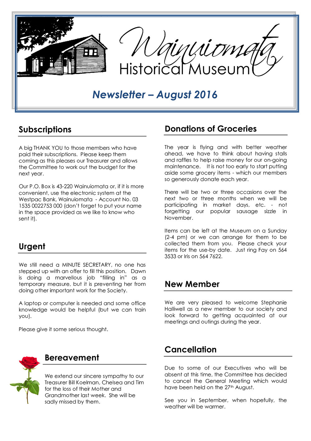 Newsletter (Wainuiomata Historical Museum) August 2016