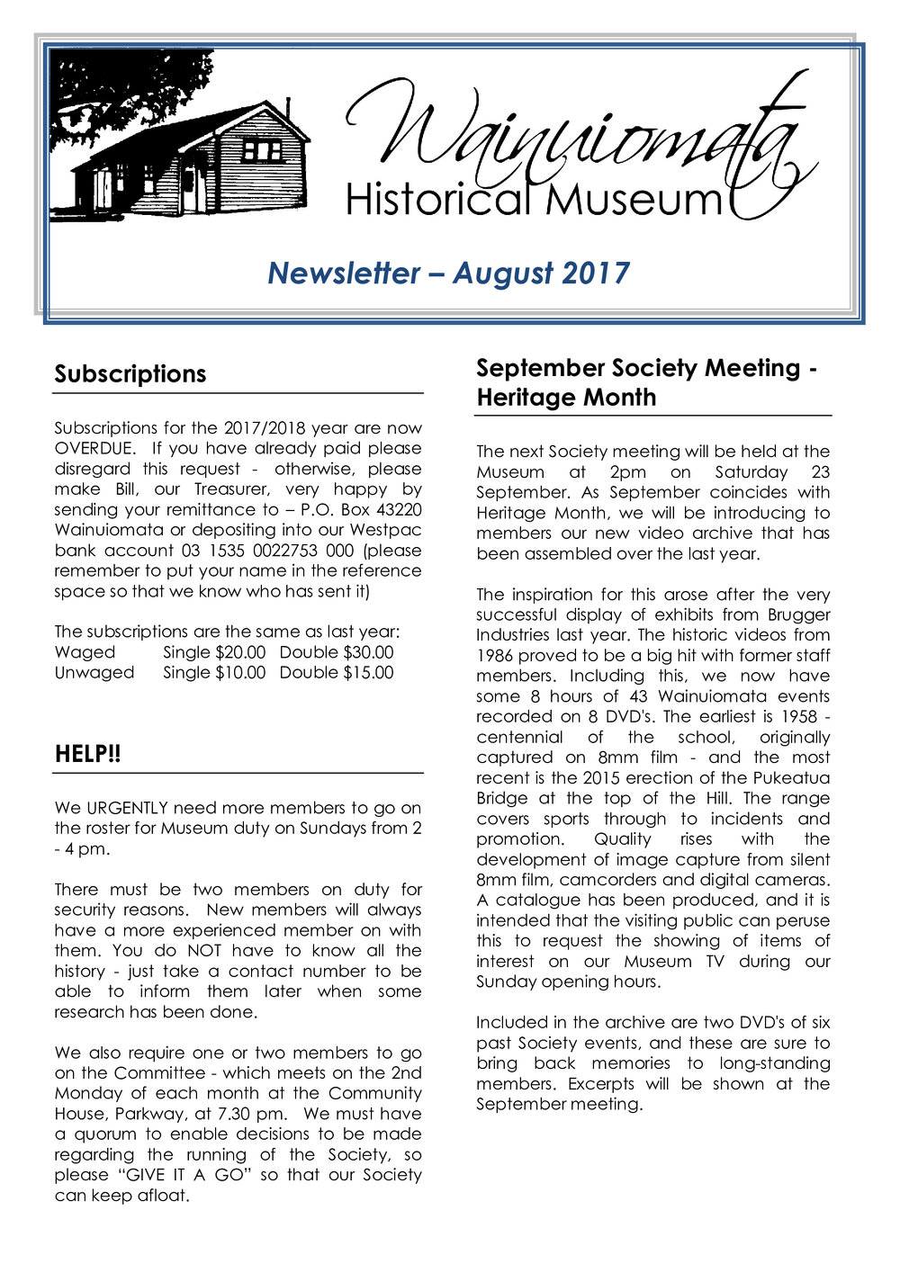 Newsletter (Wainuiomata Historical Museum) August 2017