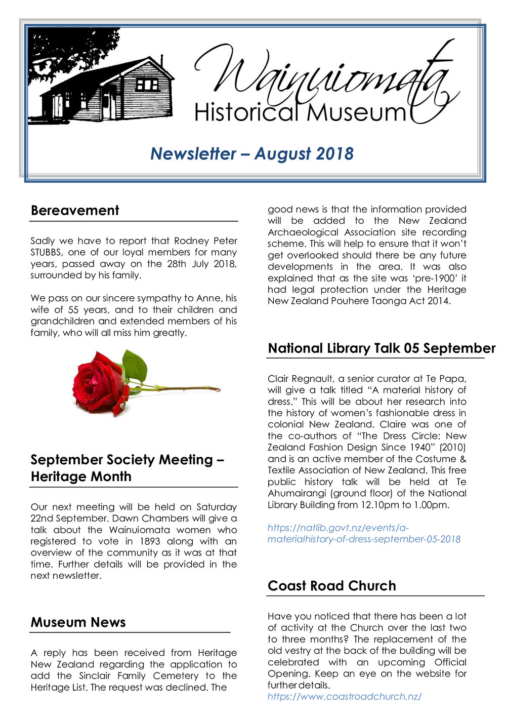 Newsletter (Wainuiomata Historical Museum) August 2018