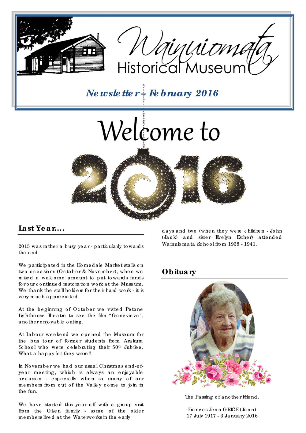 Newsletter (Wainuiomata Historical Museum) February 2016