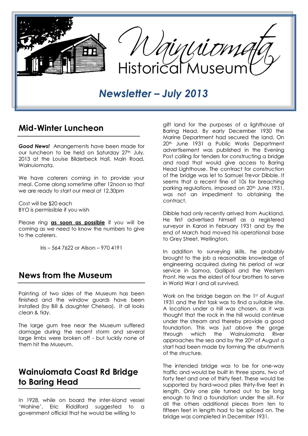 Newsletter (Wainuiomata Historical Museum) July 2013