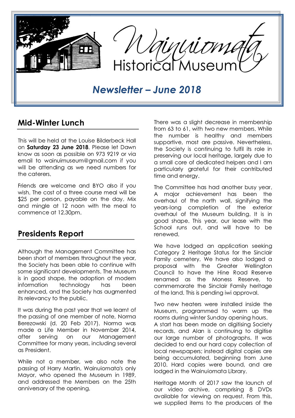 Newsletter (Wainuiomata Historical Museum) July 2018