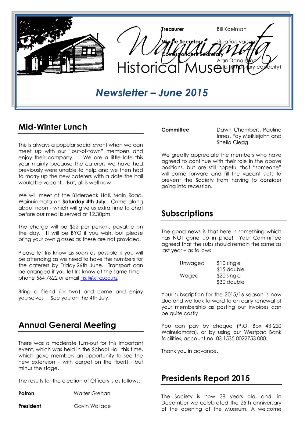 Newsletter (Wainuiomata Historical Museum) June 2015