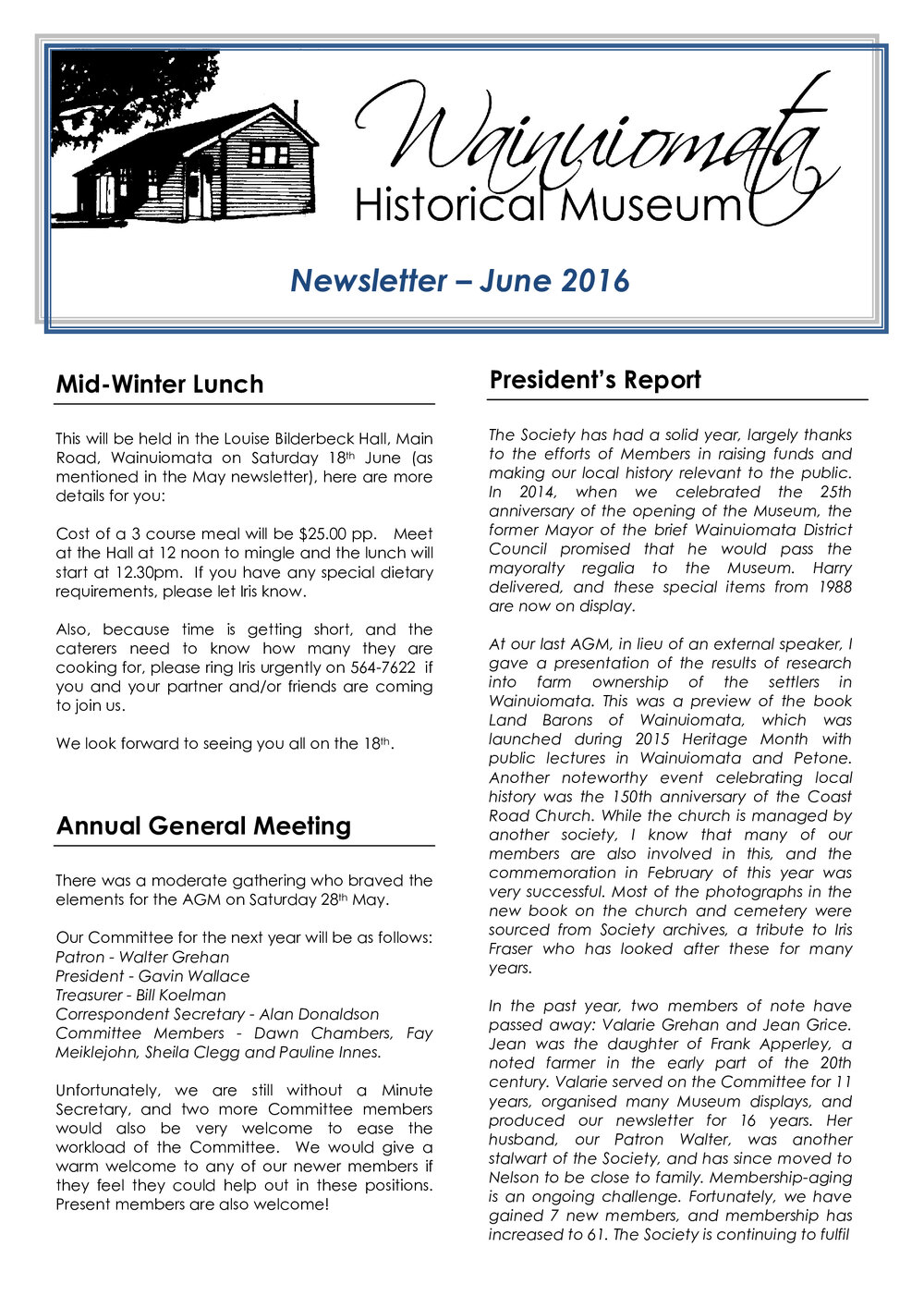 Newsletter (Wainuiomata Historical Museum) June 2016
