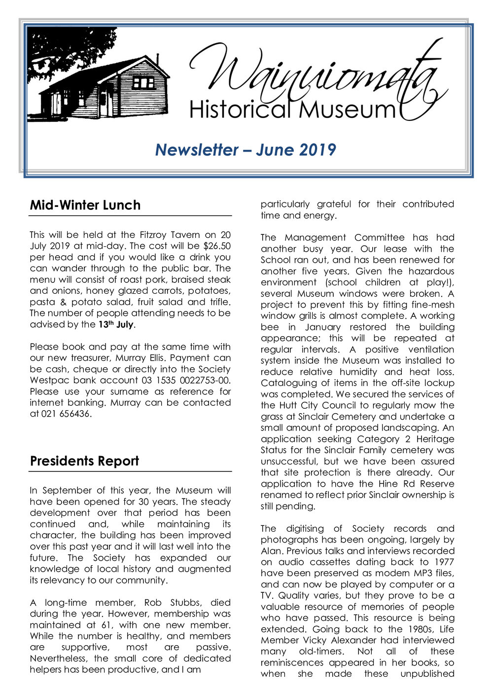 Newsletter (Wainuiomata Historical Museum) June 2019