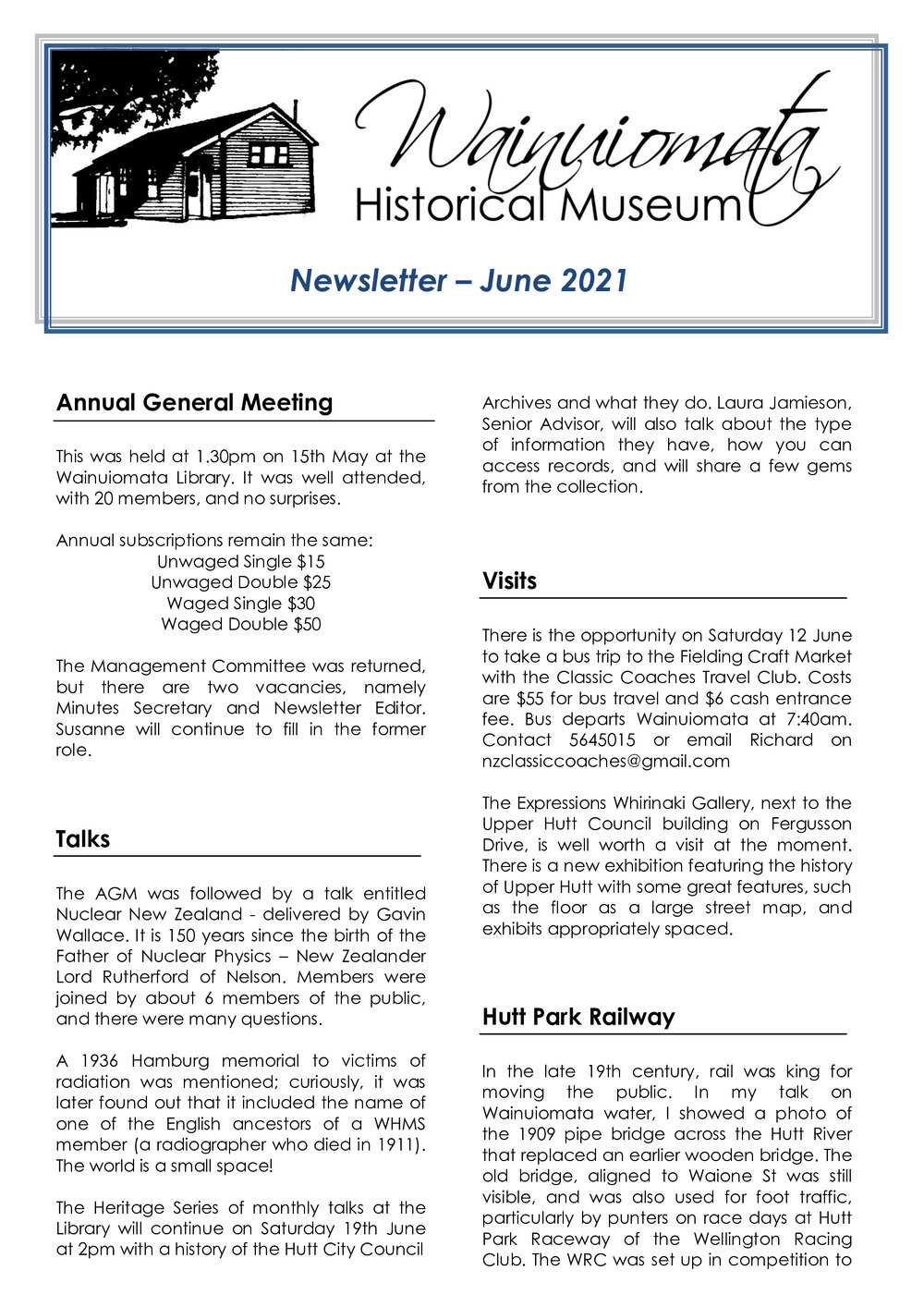 Newsletter (Wainuiomata Historical Museum) June 2021