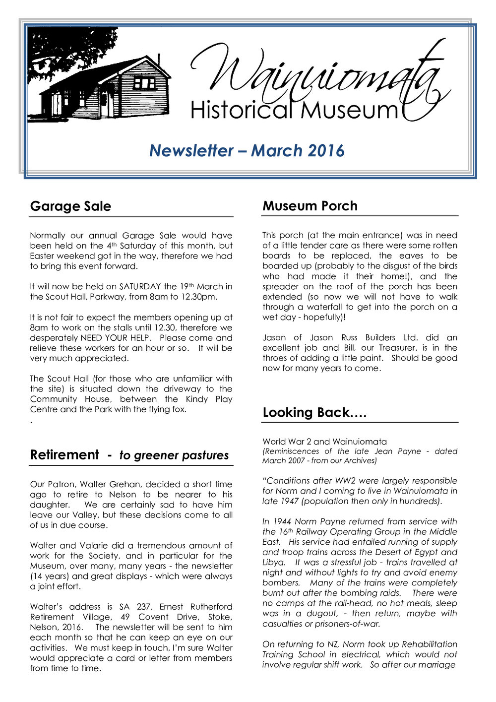 Newsletter (Wainuiomata Historical Museum) March 2016