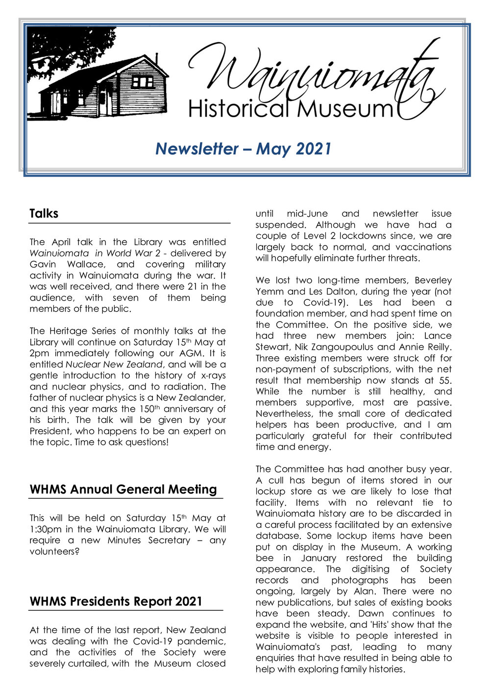 Newsletter (Wainuiomata Historical Museum) May 2021