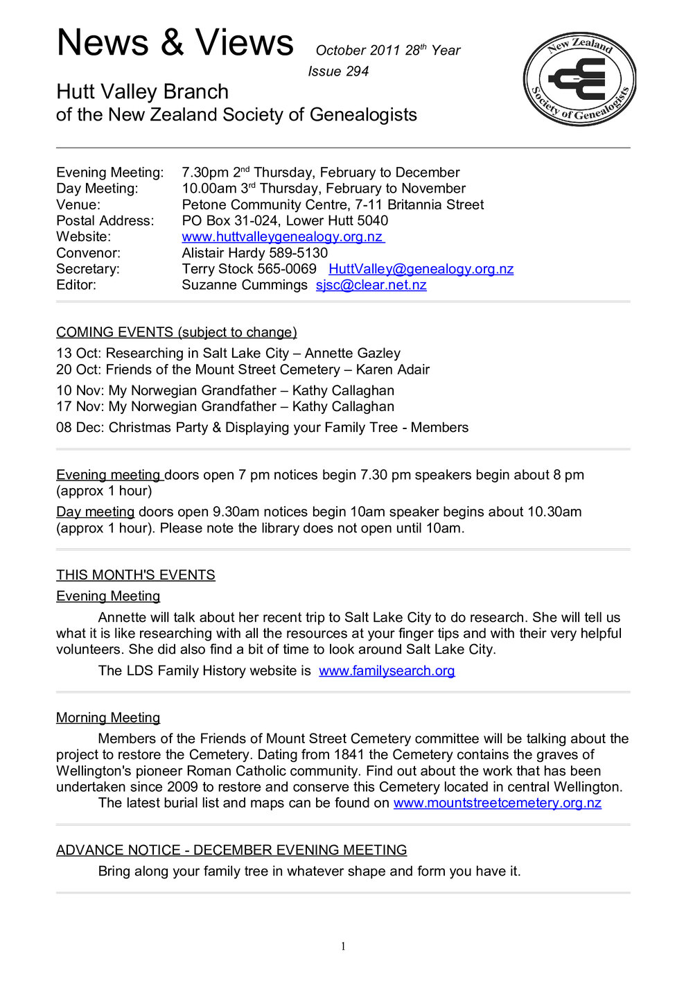 Newsletter (NZ Society of Genealogists, Hutt Valley Branch)