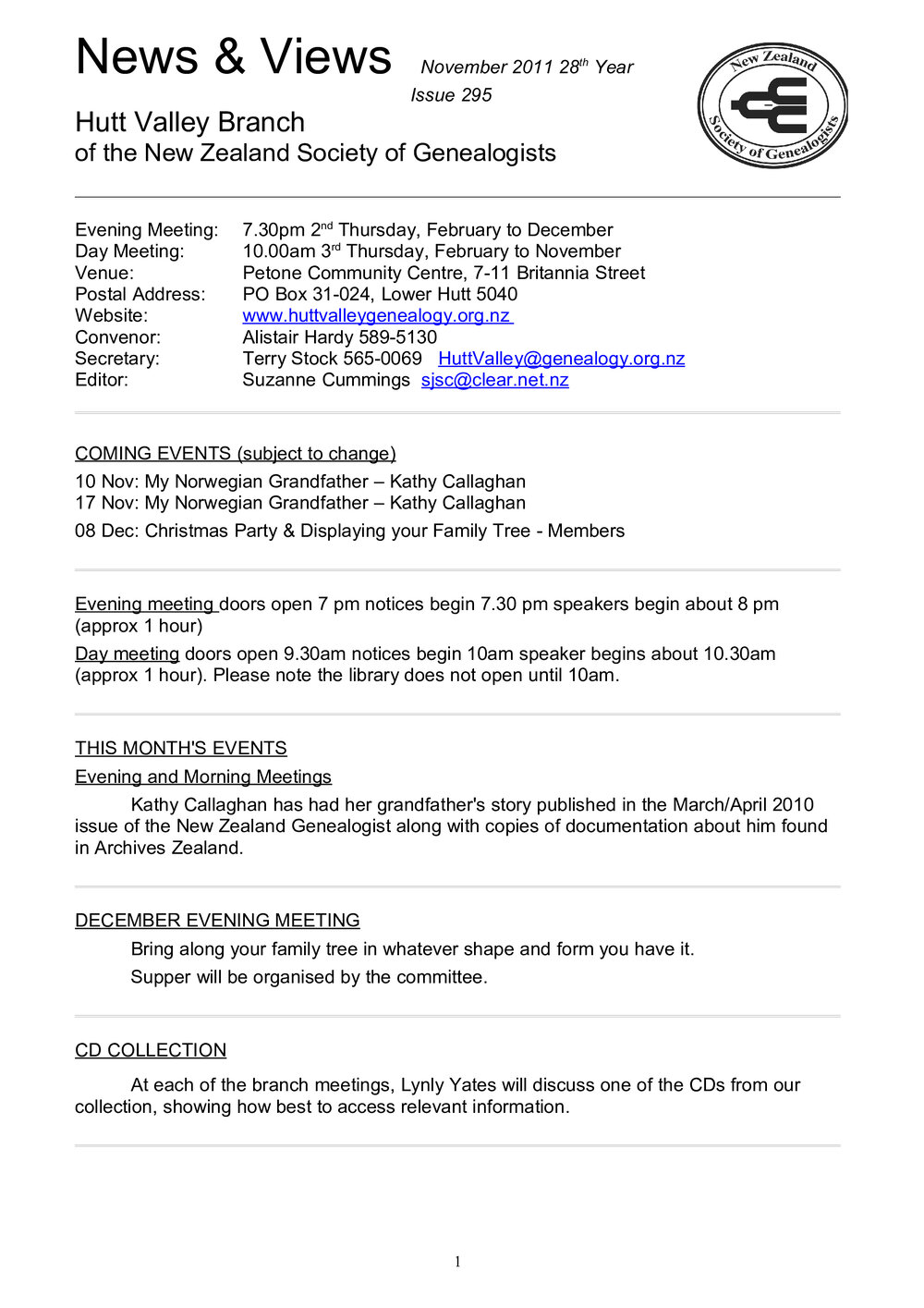 Newsletter (NZ Society of Genealogists, Hutt Valley Branch) 295