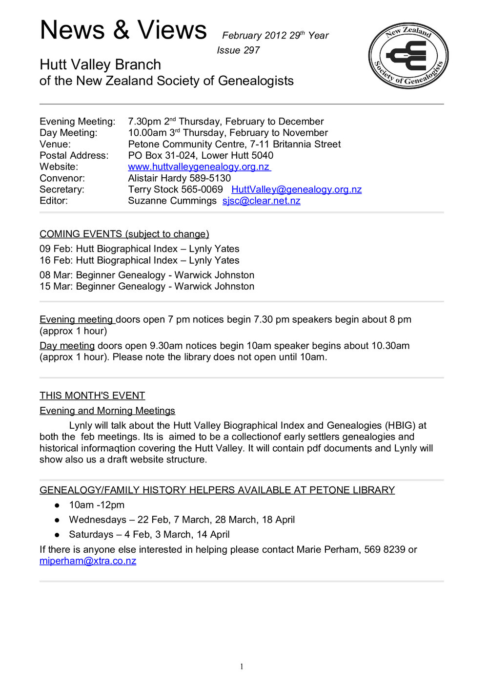 Newsletter (NZ Society of Genealogists, Hutt Valley Branch) 297