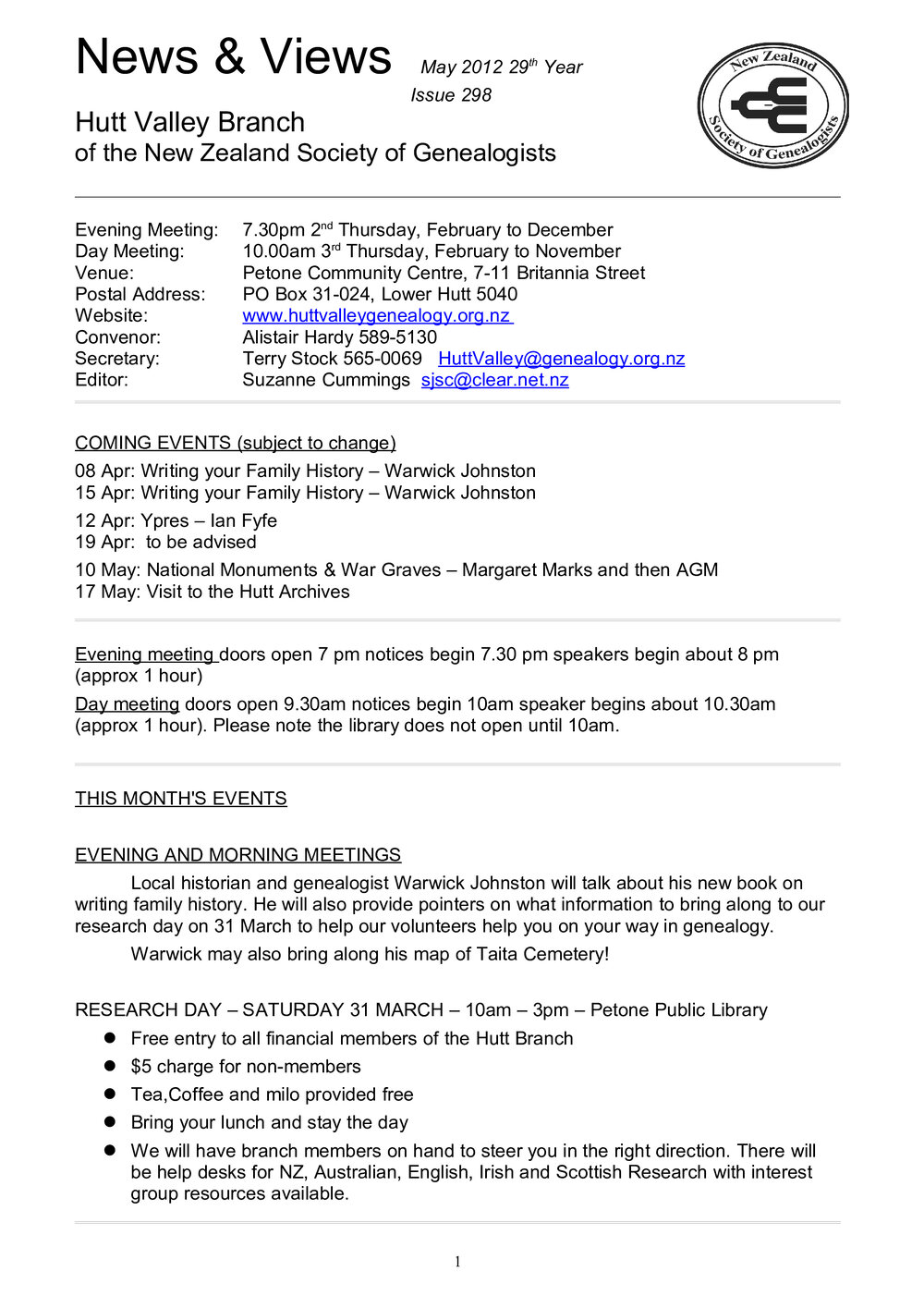 Newsletter (NZ Society of Genealogists, Hutt Valley Branch) 298