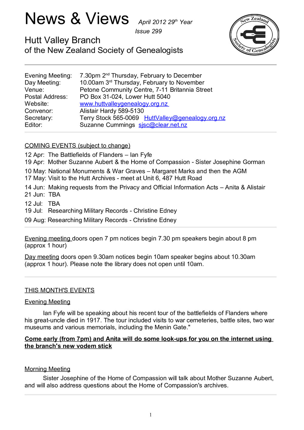 Newsletter (NZ Society of Genealogists, Hutt Valley Branch) 299