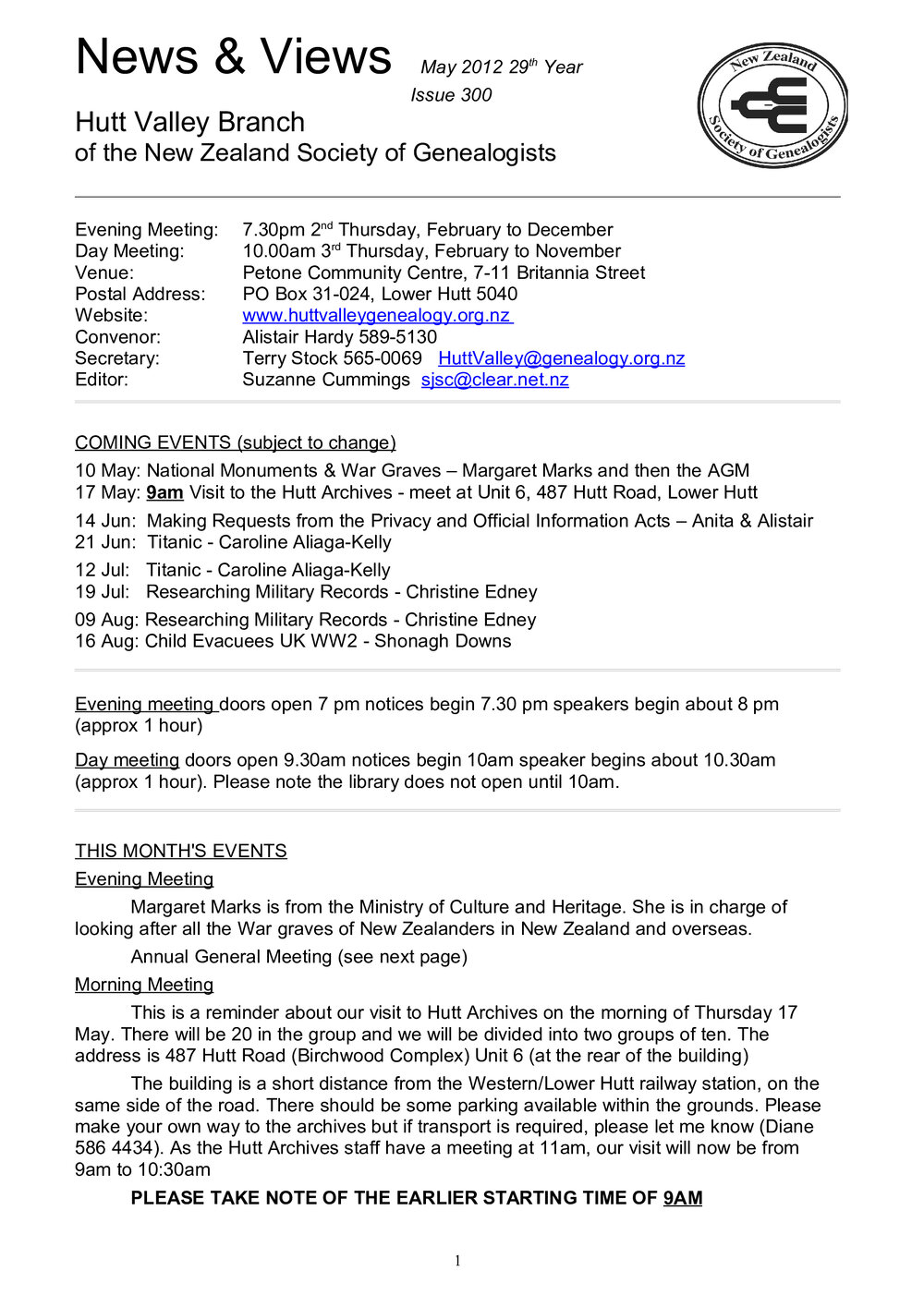 Newsletter (NZ Society of Genealogists, Hutt Valley Branch) 300