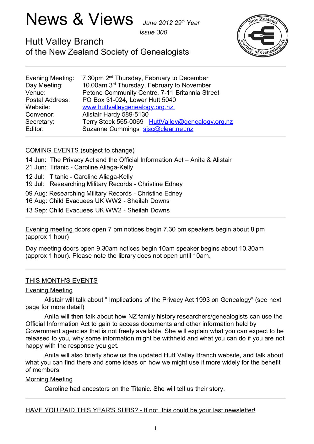 Newsletter (NZ Society of Genealogists, Hutt Valley Branch) 301