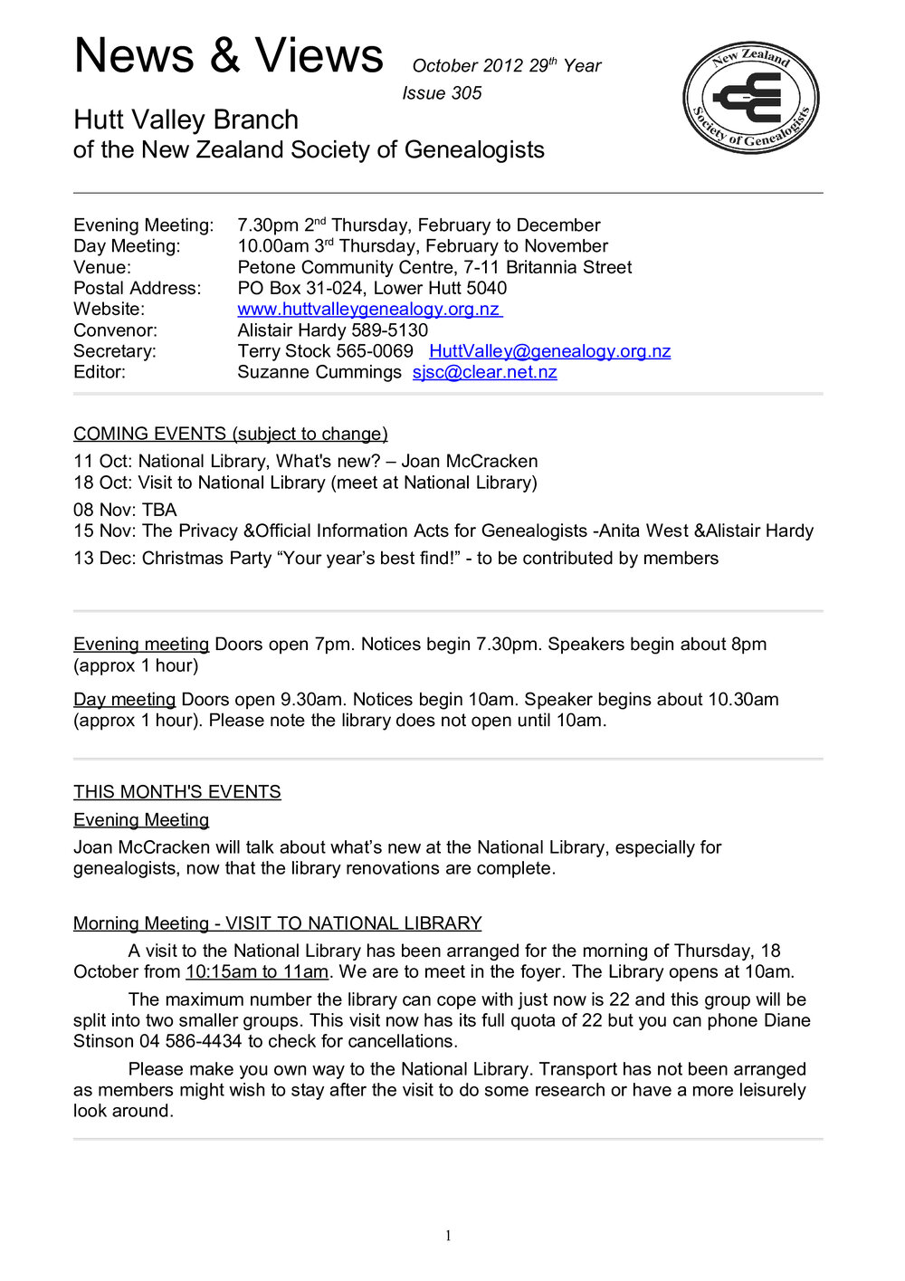 Newsletter (NZ Society of Genealogists, Hutt Valley Branch) 305