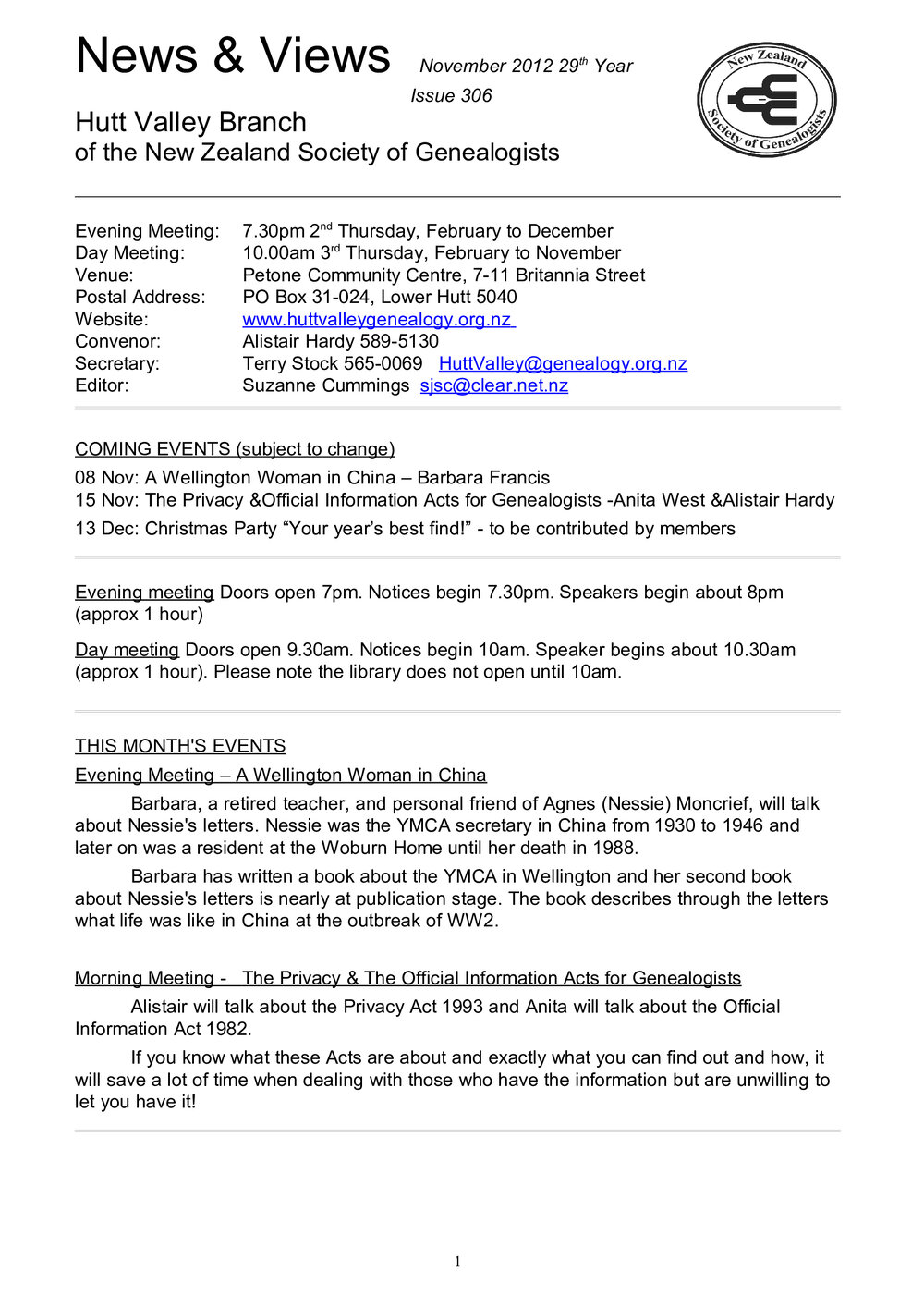 Newsletter (NZ Society of Genealogists, Hutt Valley Branch) 306