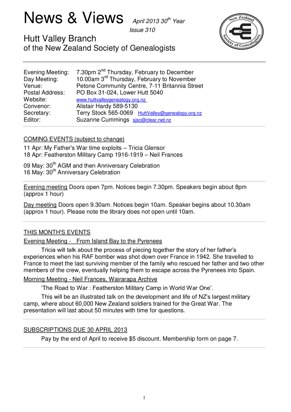 Newsletter (NZ Society of Genealogists, Hutt Valley Branch) 310