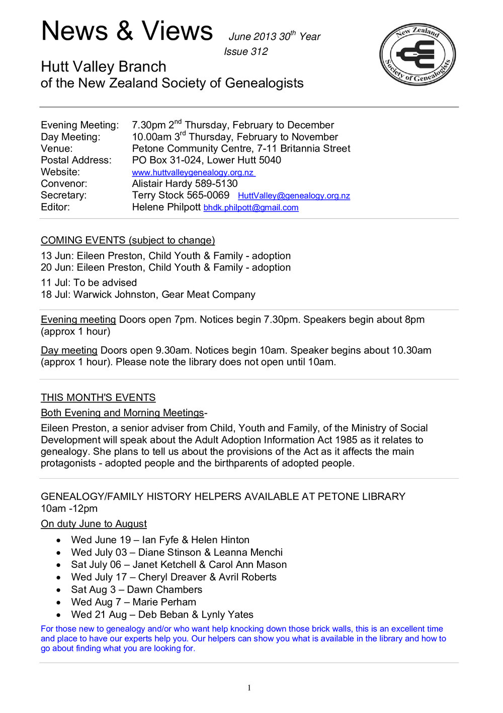 Newsletter (NZ Society of Genealogists, Hutt Valley Branch) 312