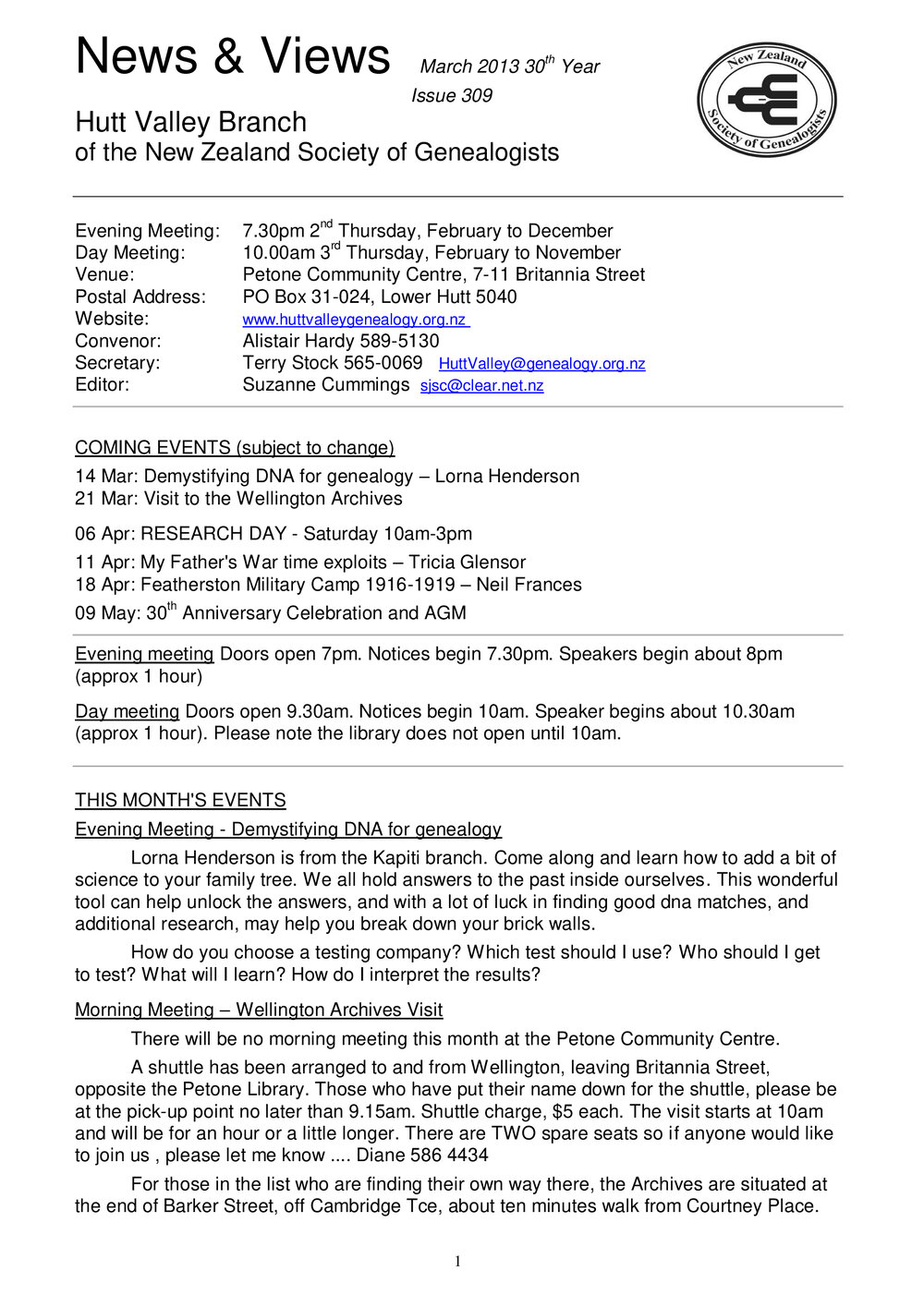 Newsletter (NZ Society of Genealogists, Hutt Valley Branch) 309
