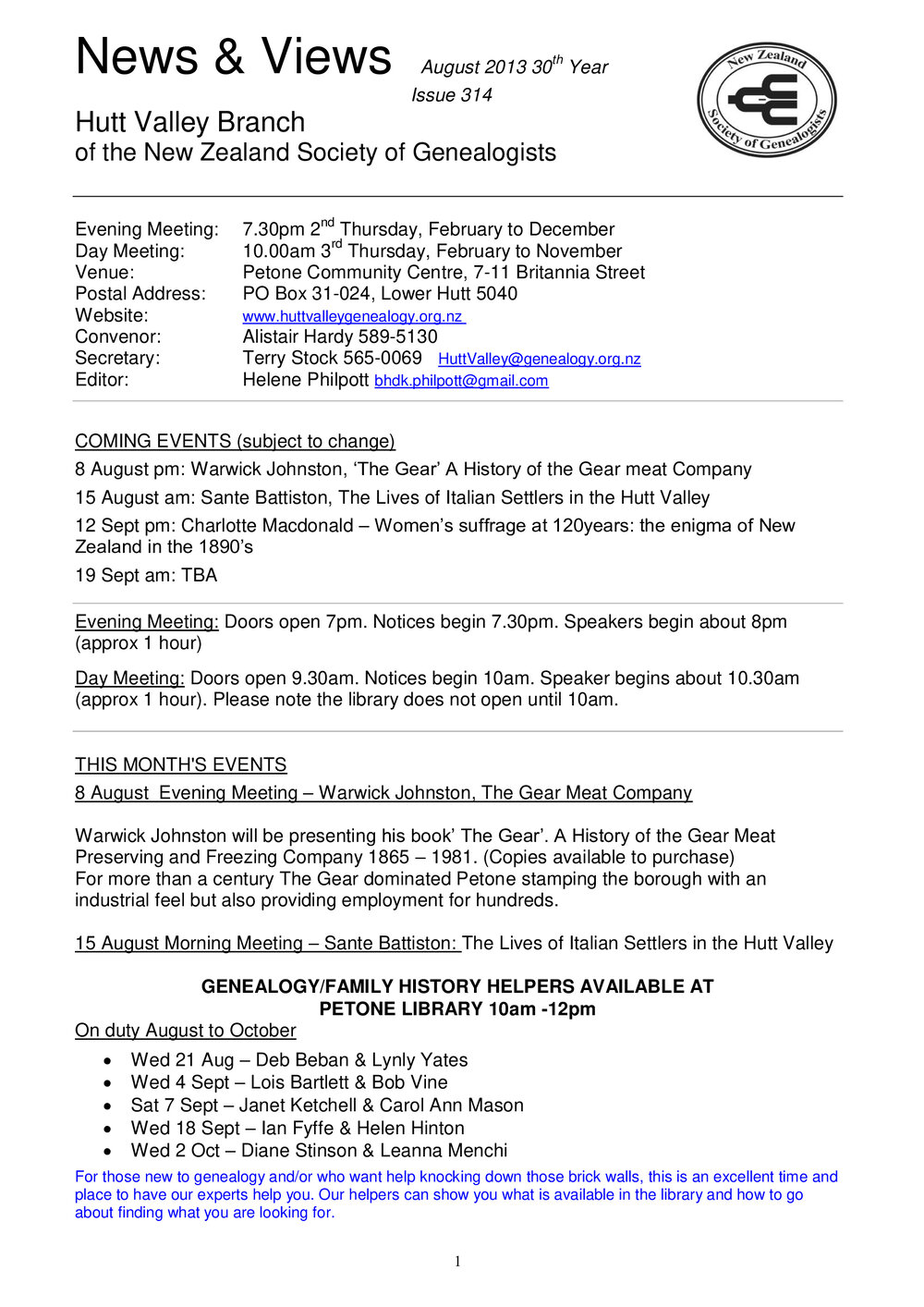 Newsletter (NZ Society of Genealogists, Hutt Valley Branch) 314