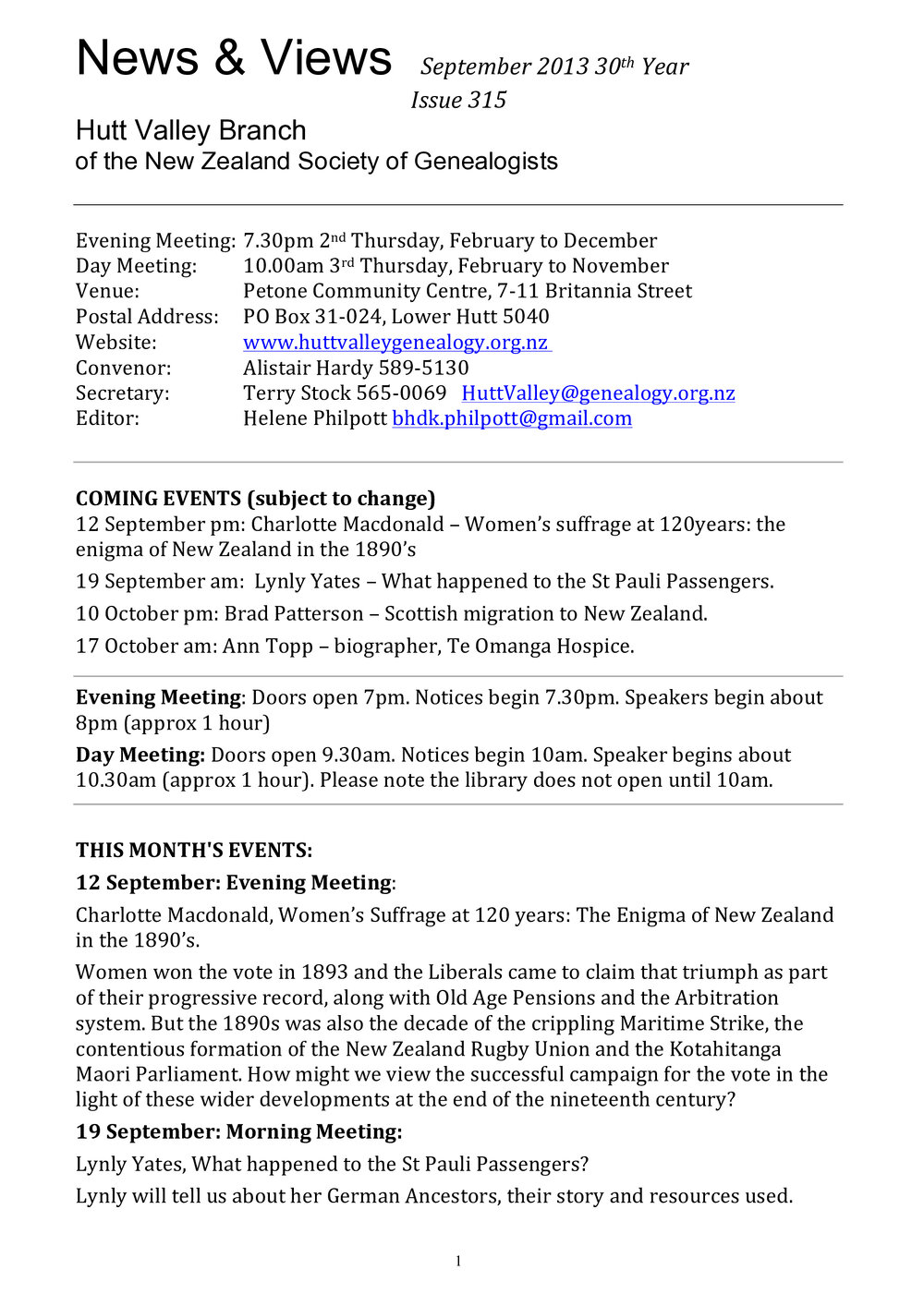 Newsletter (NZ Society of Genealogists, Hutt Valley Branch) 315