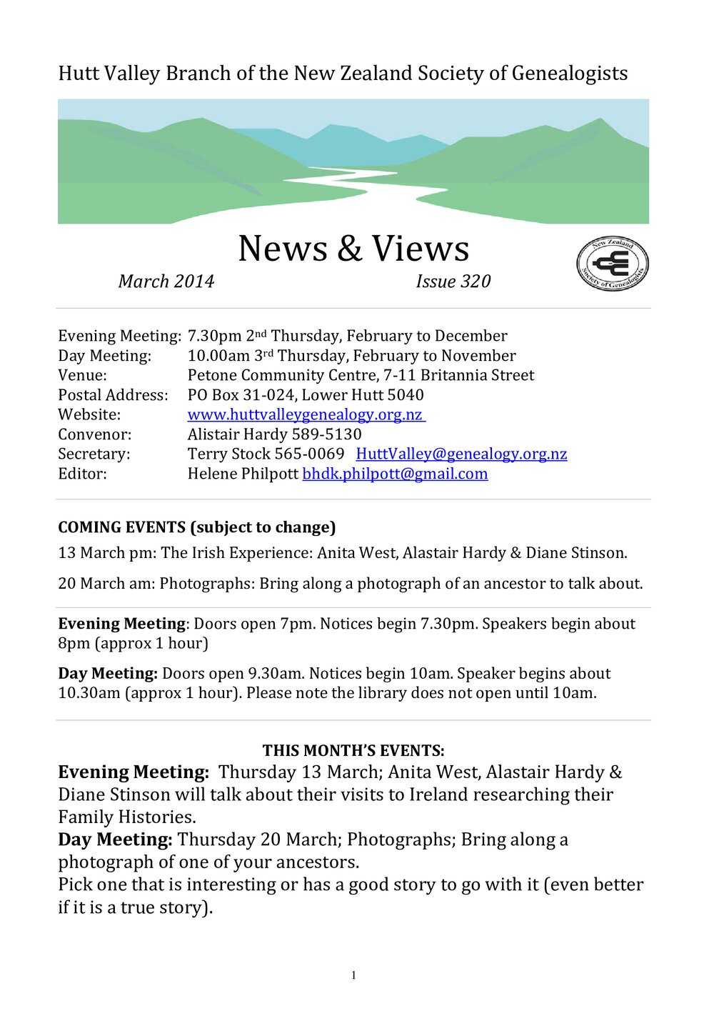 Newsletter (NZ Society of Genealogists, Hutt Valley Branch) 320