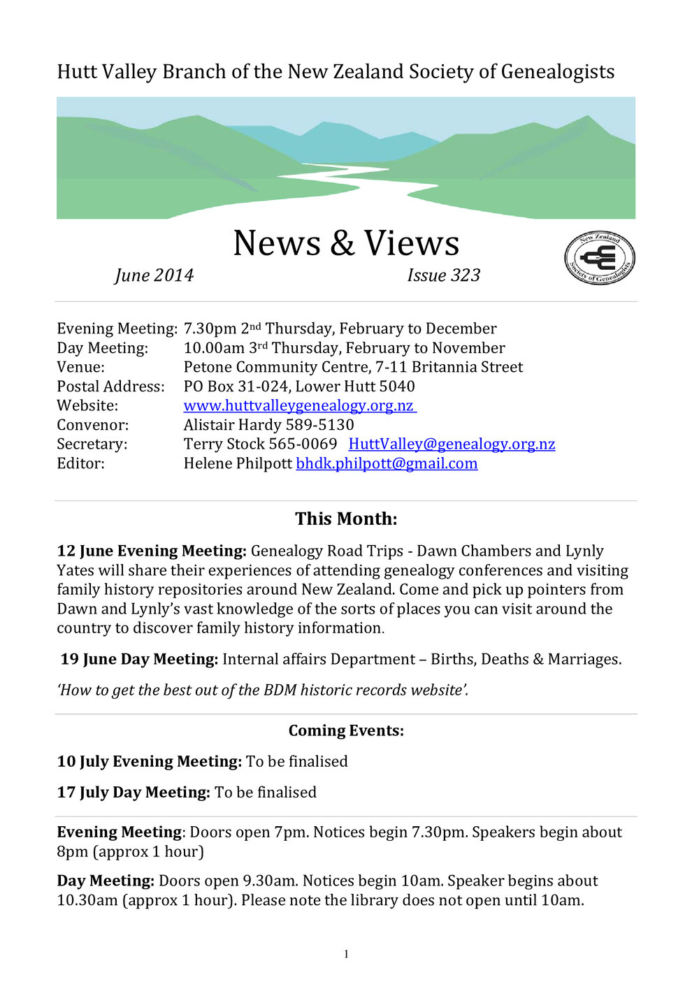 Newsletter (NZ Society of Genealogists, Hutt Valley Branch) 323