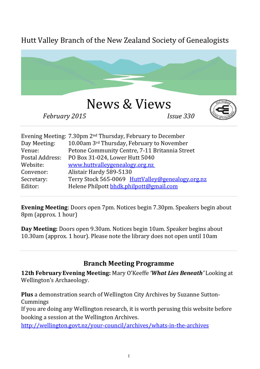 Newsletter (NZ Society of Genealogists, Hutt Valley Branch) 330