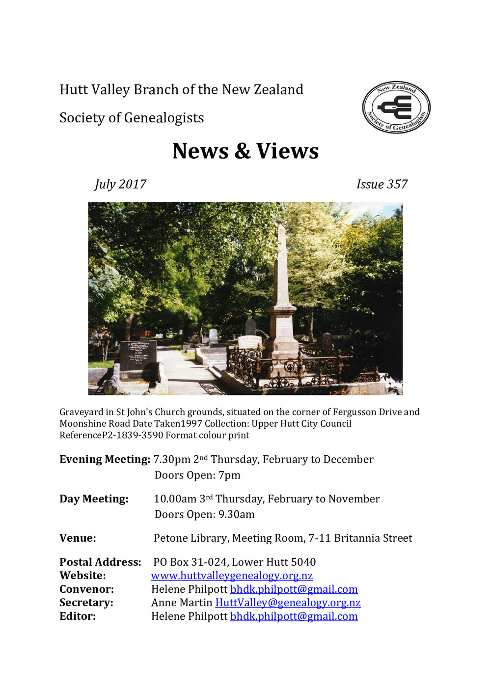 Newsletter (NZ Society of Genealogists, Hutt Valley Branch) 357