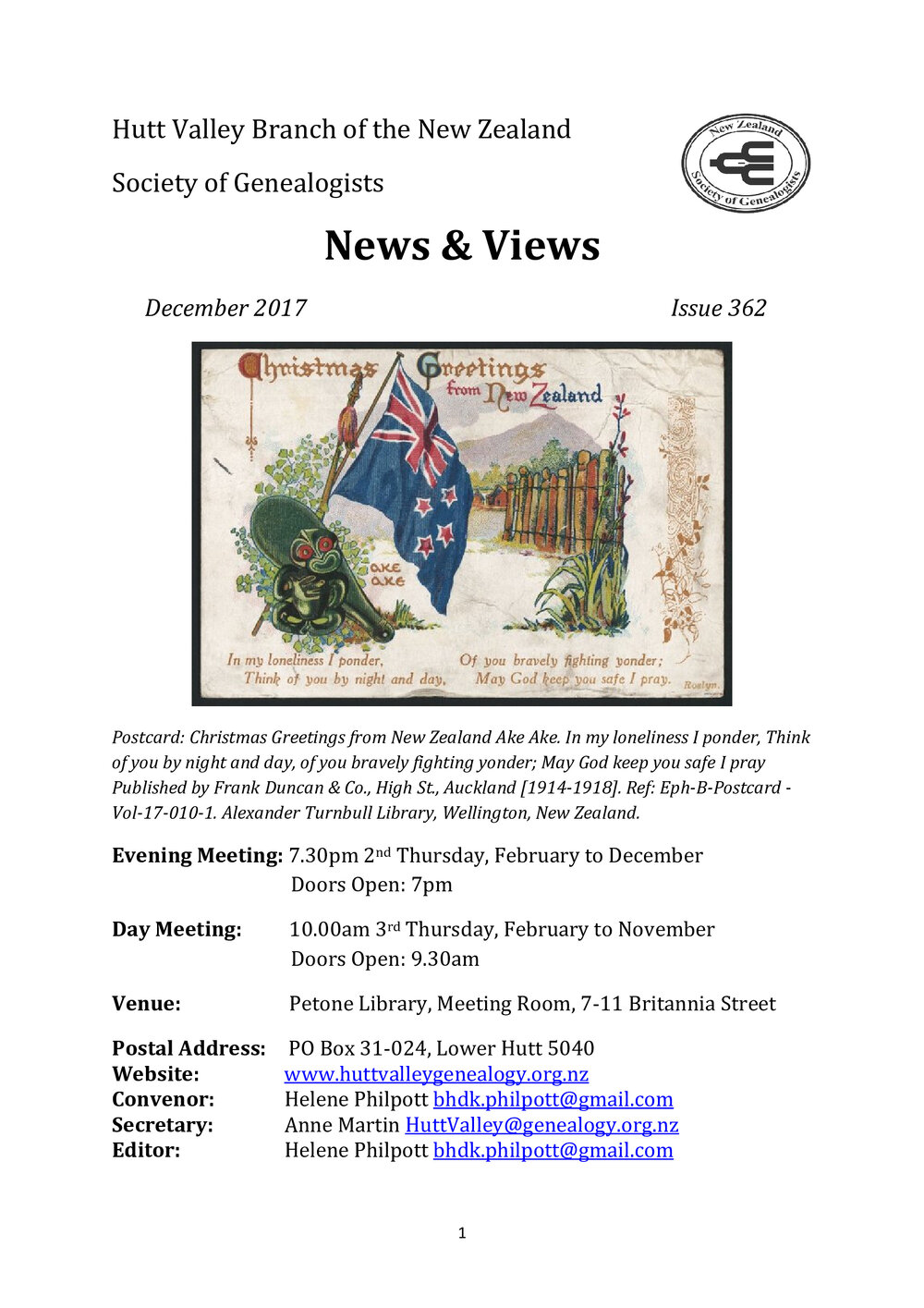 Newsletter (NZ Society of Genealogists, Hutt Valley Branch) 362